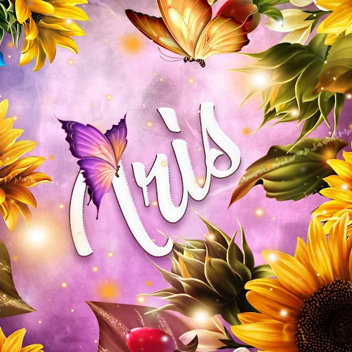 imágen con el nombre iris con fondo de girasoles y mariposas para descargar gratis