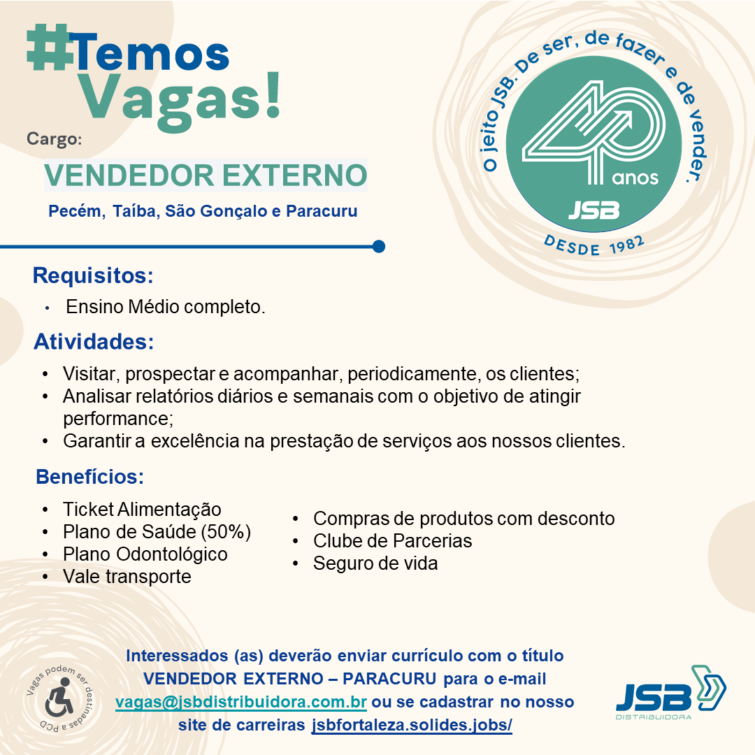 VENDEDOR(A) EXTERNO - PECÉM/TAÍBA/SÃO GONÇALO/PARACURU/CE