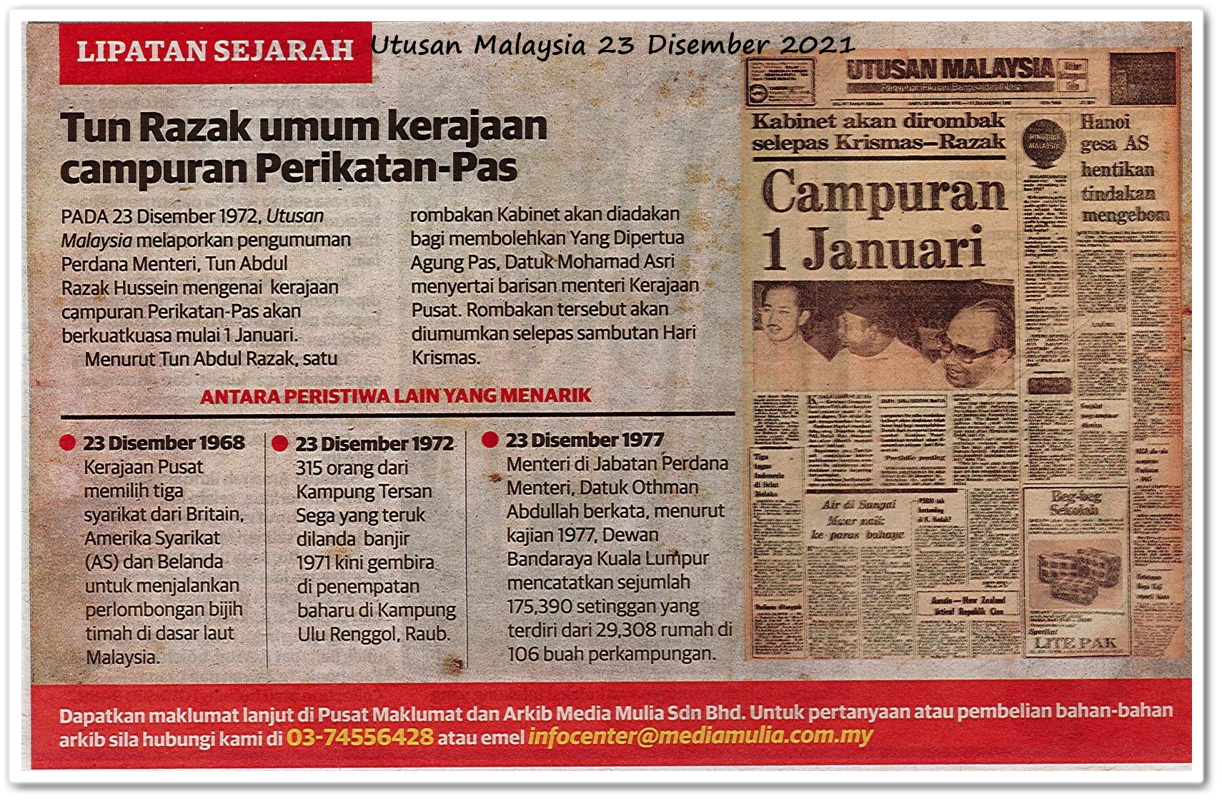 Lipatan sejarah 23 Disember - Keratan akhbar Utusan Malaysia 23 Disember 2021