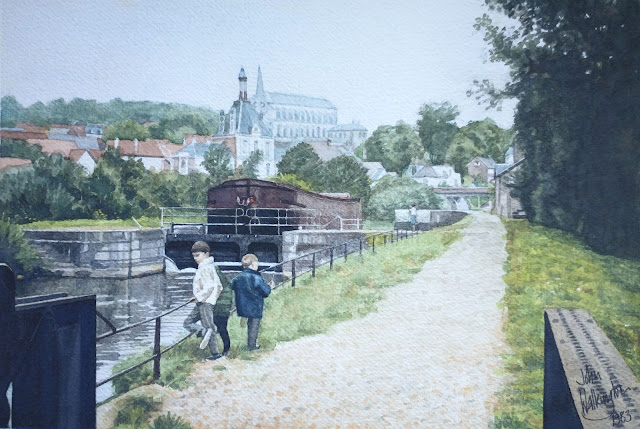 Watercolour of two boys watching a barge navigating the canal at Long, "Long, le long du canal," by William Walkington in 1983
