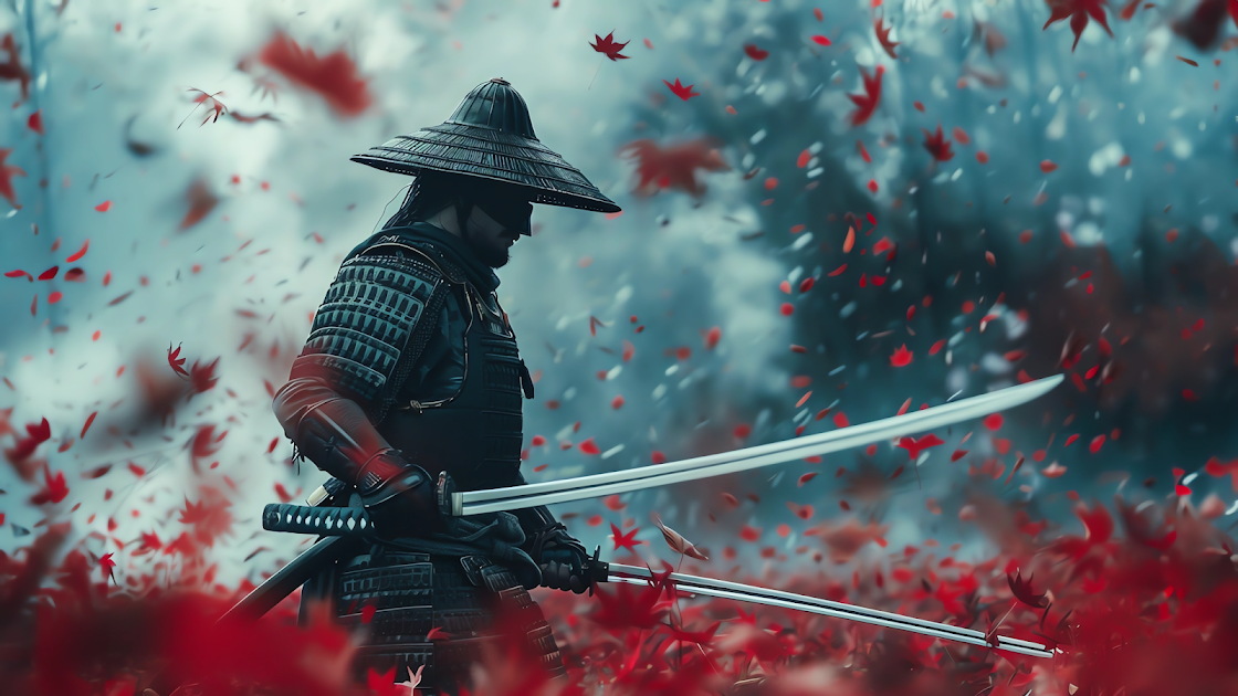 A samurai in traditional armor stands amidst a whirlwind of crimson leaves, his dual swords ready at his sides. The atmosphere is charged with the stillness before a battle, the red foliage blurring into a mist that hints at the samurai's swift and graceful movement. A cool wallpaper for Shogun fx fans