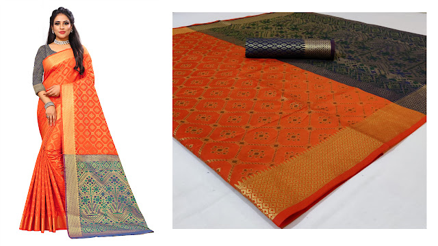 Orange Patola Silk Jacquard Weaving Rich Pallu And Brocade Blouse.