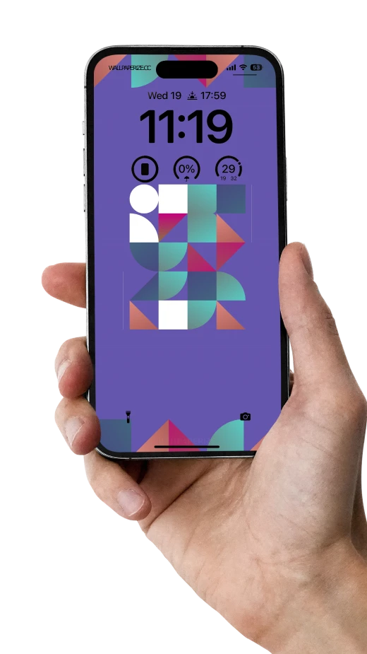 Hand holding an iPhone with a colorful abstract design on the screen, blending shapes and shades for a modern look.