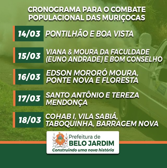 CONFIRA AS LOCALIDADES ONDE A EQUIPE DE VIGILÂNCIA EM SAÚDE NO COMBATE E CONTROLE DAS MURIÇOCAS EM BELO JARDIM VAI ESTAR ESTA SEMANA.