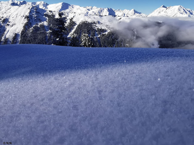Im Hintergrund erkennt man abziehenden Nebel, im Vordergrund den aufgrund des Nebels gebildeten Oberflächenreifs. Nördliche Stubaier Alpen (Foto: 23.01.2022)
