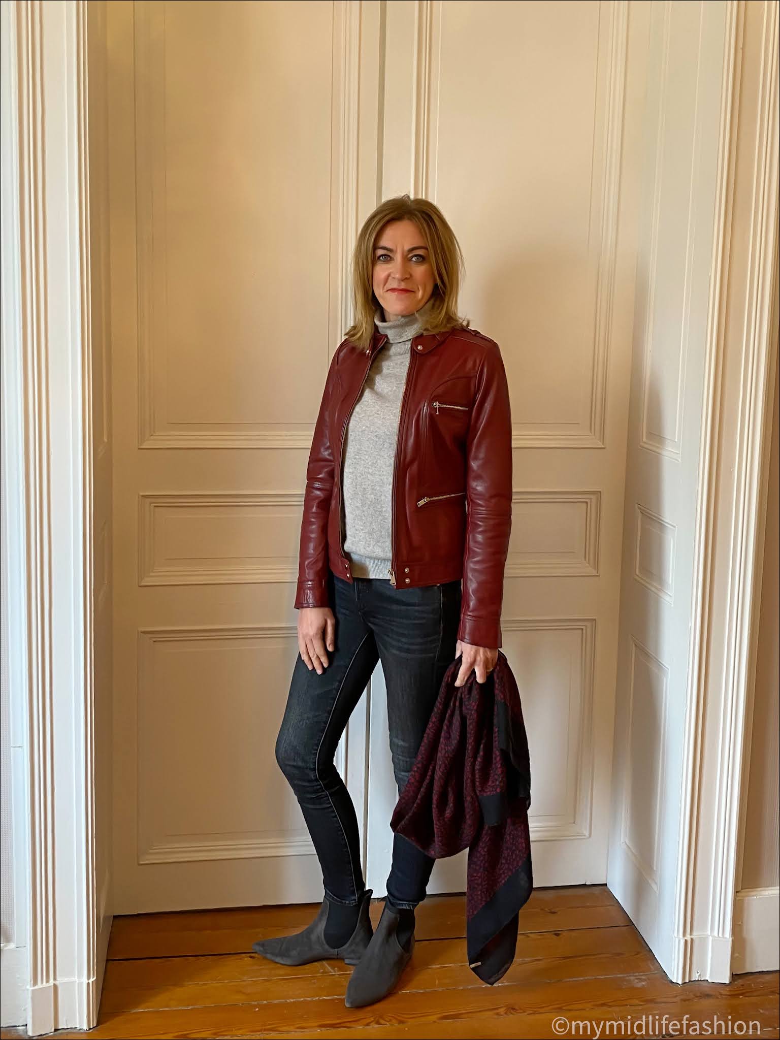 my midlife fashion, hidepark penny oxblood leather jacket, marks and Spencer pure cashmere roll neck jumper, j crew 9 inch toothpick jeans, Madeleine flat ankle boots, saint Laurent leopard print scarf