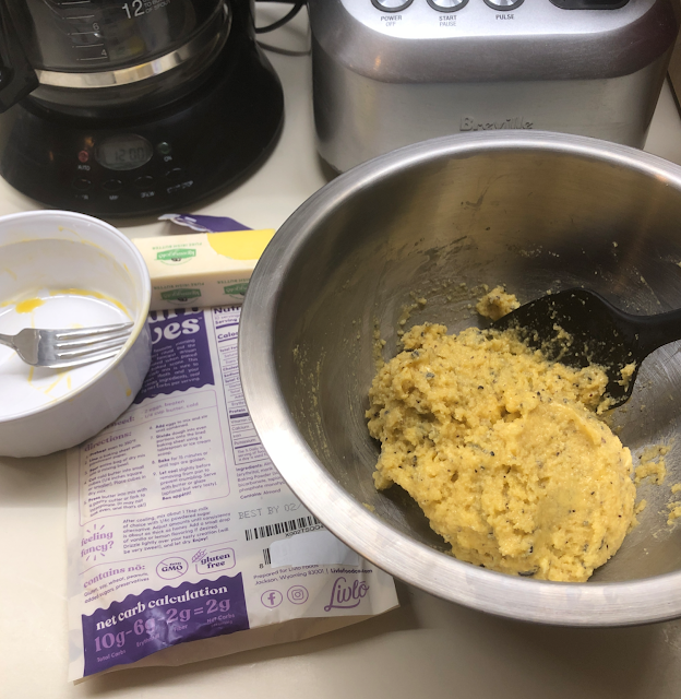 Prepared Livlo Blueberry Scones Keto Baking Mix dough in mixing bowl