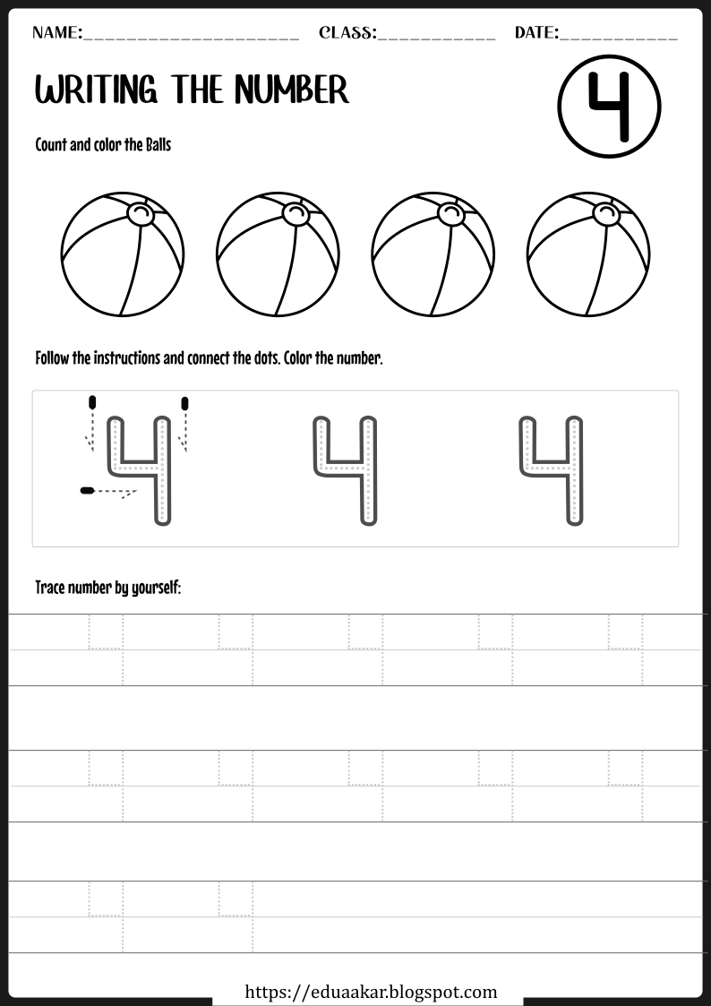 Number 4 Count and Tracing Worksheet for LKG