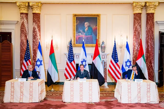 United Arab Emirates Foreign Minister Sheikh Abdulla Bin Zayed’s during the Trilateral Press Availability. Hosted by U.S. Secretary of State Anthony Blinken with Israeli Alternate Prime Minister and Foreign Minister Yair Lapid.