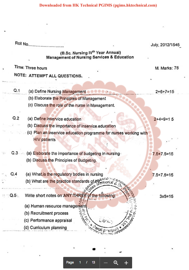 Management of Nursing Services and Education 10 Years 4th Year BSc Nursing Previous Year's Question Paper,,Previous Year's Question Papers,PGIMS Question Paper,BSc Nursing,BSc Nursing 4th Year,Management of Nursing Services and Education,