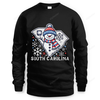 Premium black long sleeve tee with detailed South Carolina holiday snowman design
