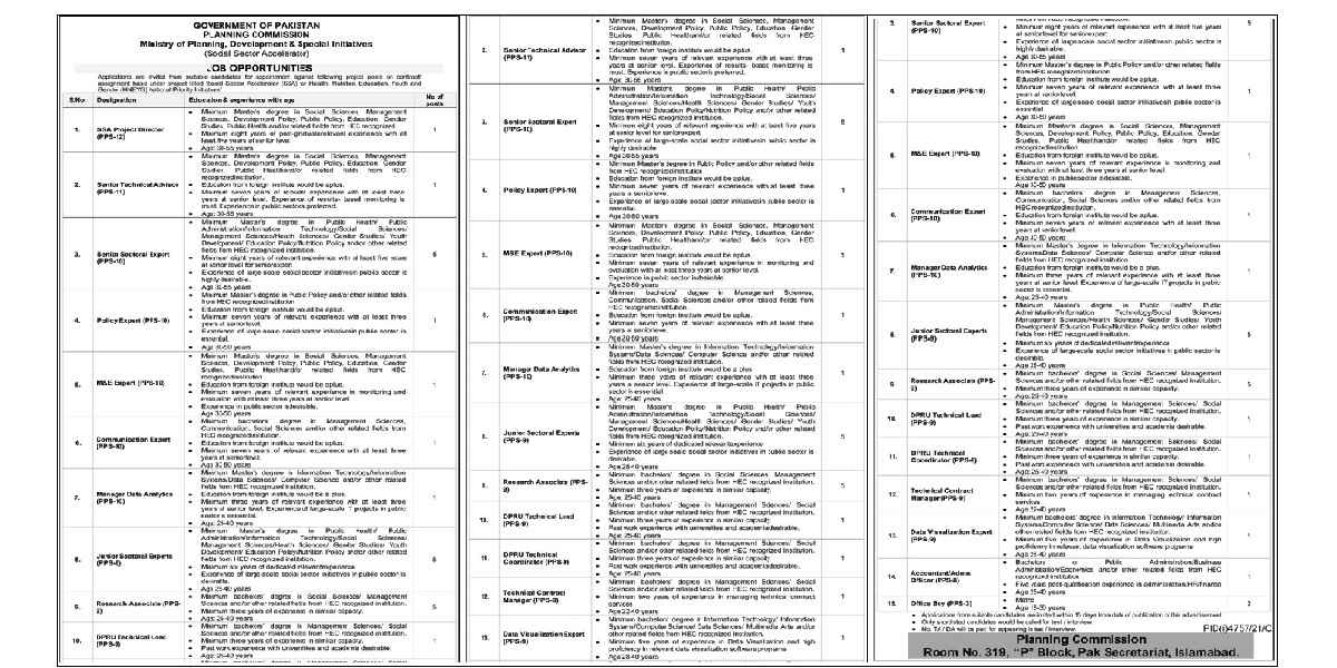 Government of Pakistan Planning Commission Jobs January 2022