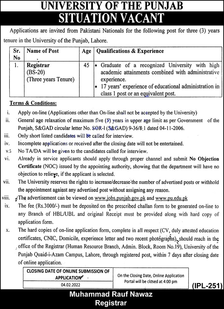 University of Punjab PU Lahore 2022 Jobs