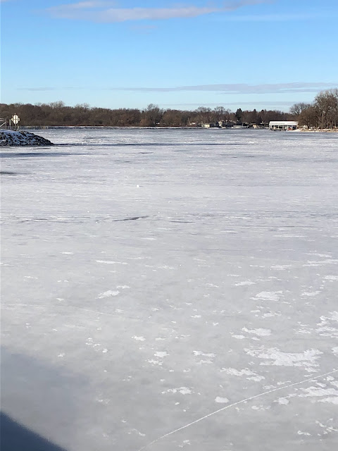 The frozen Fox River at McHenry Dam.