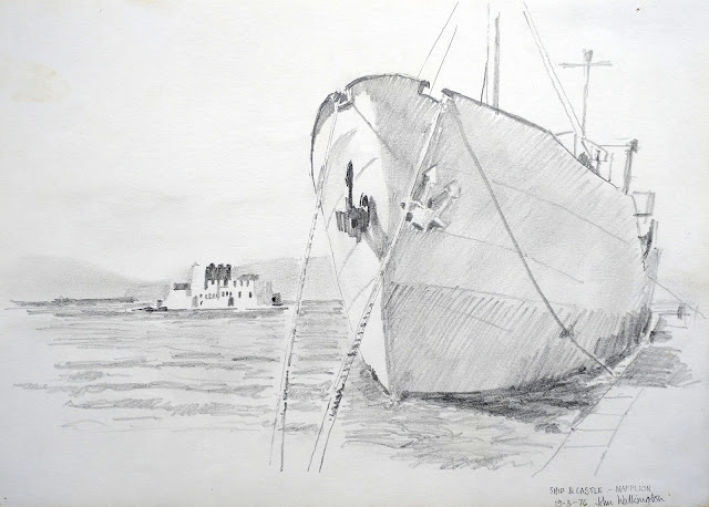 Pencil drawing of a Greek harbour with a ship and castle, "Ship and Bourtzi Castle at Nafplion," by William Walkington in 1976.