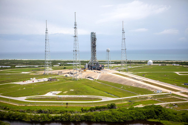 The Space Launch System's mobile launcher sits atop the pad at Kennedy Space Center's Launch Complex 39B in Florida...on June 28, 2019.