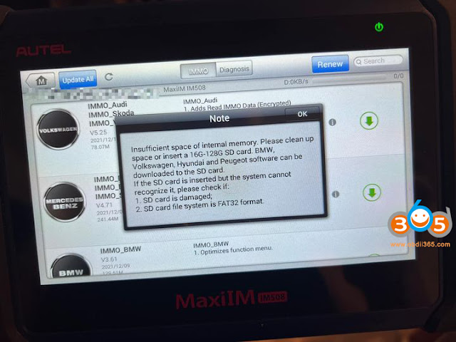 autel im508 no enough space memory