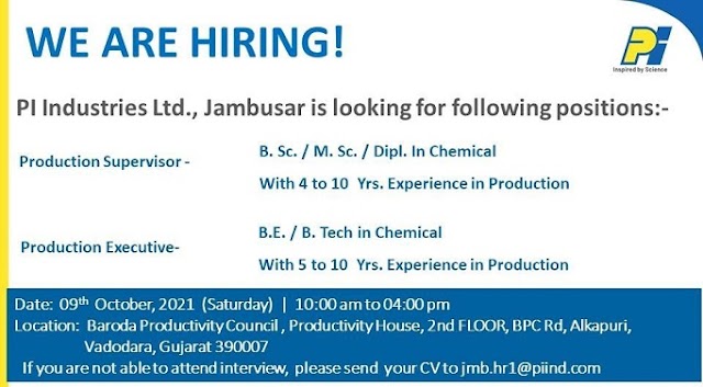 PI Industries | Walk-in interview for Production on 9th Oct 2021