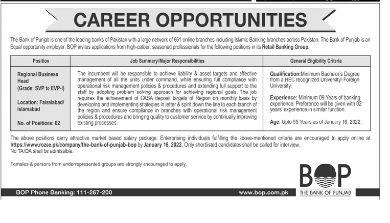 BOP Jobs 2022 – Bank of Punjab Career – Apply Online bop.com.pk