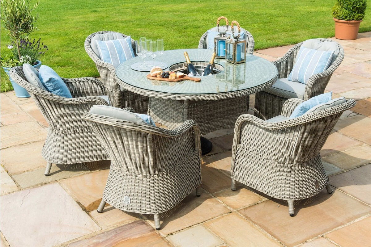 Maze Rattan Oxford 6 Seat Round Ice Bucket Dining Set with Heritage Chairs