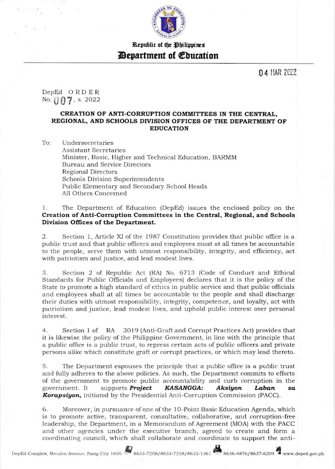 DepEd Order No. 7 or Creation of Anti-Corruption Committees (ACC) in the Central, Regional, and Schools Division Offices of the Department | Download here!