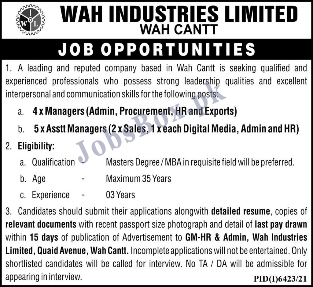 Wah Industries Limited Jobs 2022 in Pakistan