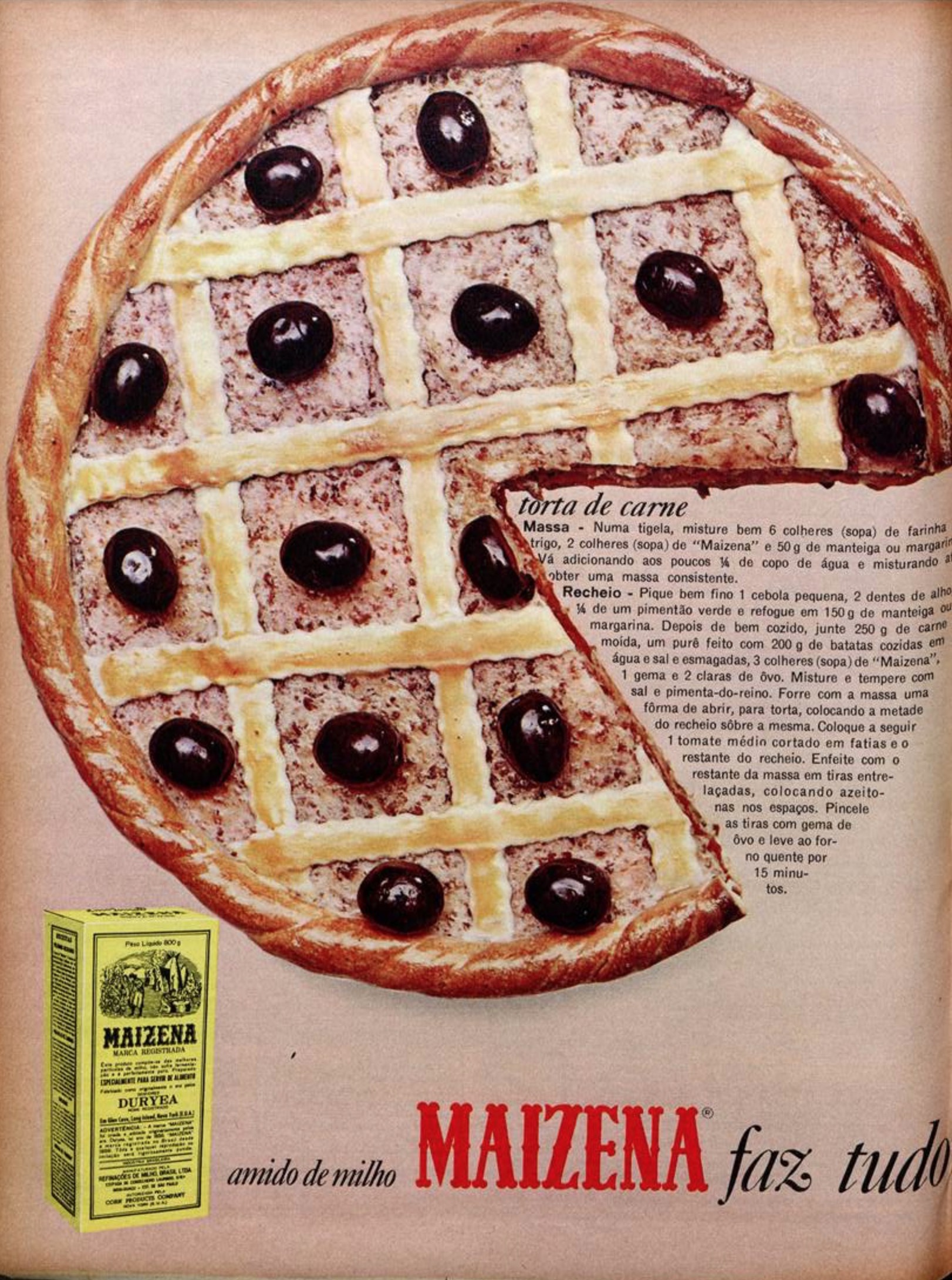 Anúncio da Maizena em 1968 acompanhada de uma receita de torta de carne