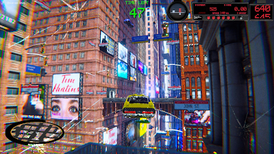 Mile High Taxi gameplay of the Taxi flying through the city with billboards everywhere