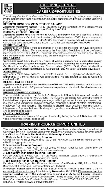 The Kidney Centre Post Graduate Training Institute Medical | Karachi Jobs 2021
