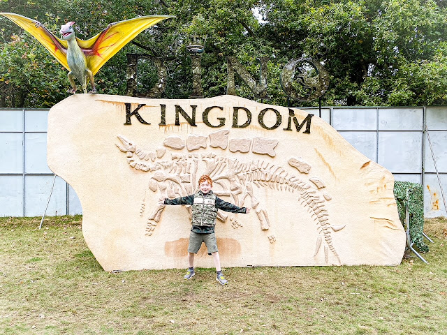 Little boy standing in front of a rock dino kingdom sign