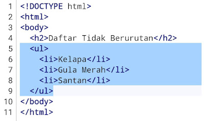 Contoh Program 1 : Daftar HTML Tidak Berurutan