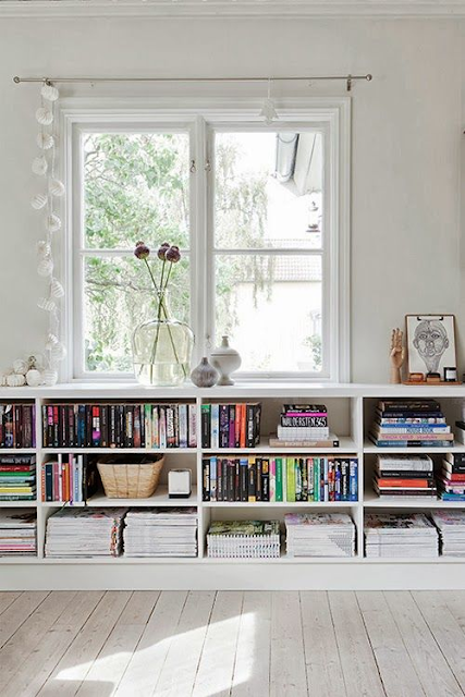 bookshelves under a window