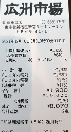 広州市場 新宿東口店 2021/12/6 飲食のレシート