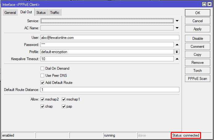 Router MikroTik berhasil terkoneksi ke PPPoE server