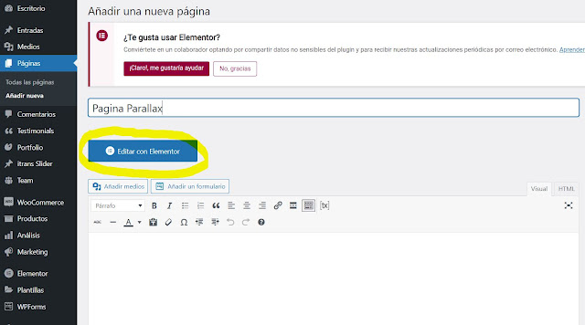 Crear una pagina nueva y editarla con Elementor.