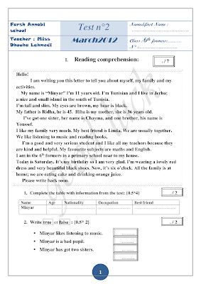 تقييم أنقليزية سنة سادسة ابتدائي الثلاثي  الثاني, تحميل امتحان أنقليزية سنة  سادسة أساسي , devoir anglais 6ème