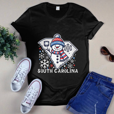Classic unisex black T-shirt with holiday snowman in South Carolina outline
