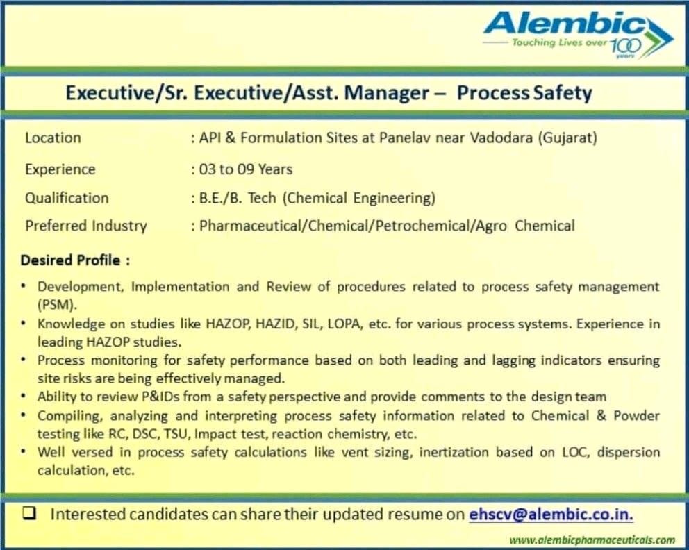 Job Availables,Alembic Job Vacancy For B.E./ B.Tech (Chemical Engineering)