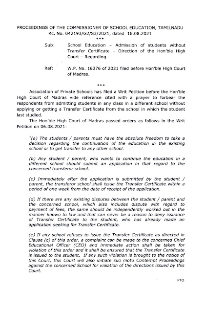 Admission of students without Transfer certificate - Direction of the Hon'ble High court -Regarding