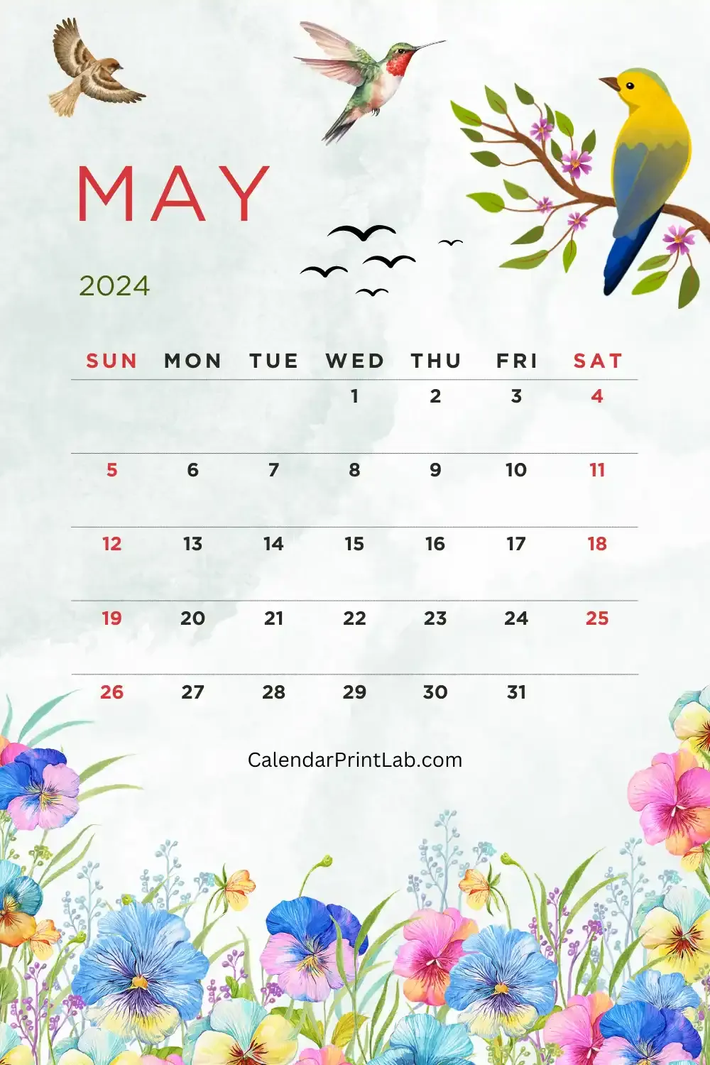 May 2024 Floral Calendar with Birds