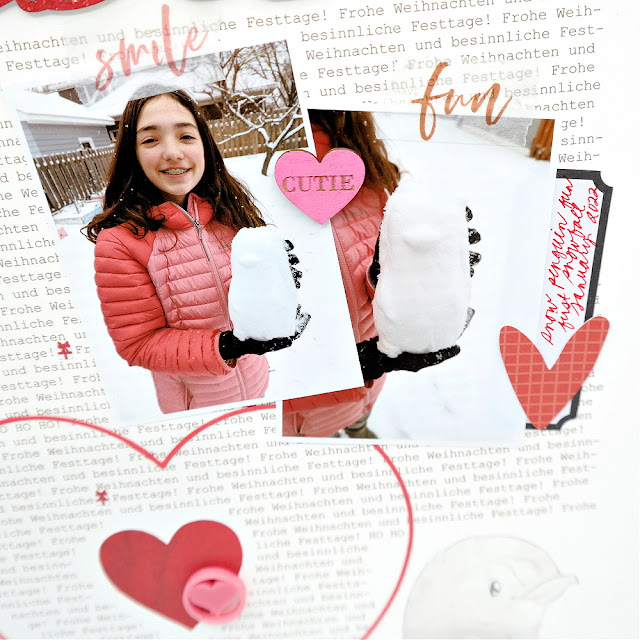 Snow Penguin Love Scrapbook Layout with Wood Veneer Conversation Heart Embellishment