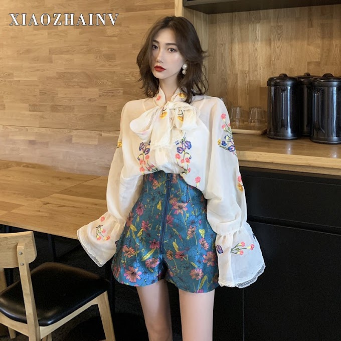 [ sunweimin2021.vn ] △☁Xiaozhainv Áo kiểu tay phồng cổ thắt nơ thêu họa tiết / Quần short ống rộng lưng cao phong cách Hàn Quốc cho nữ