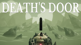 Death's Door title screen with a tall black door in the middle of the air in front of a cliff with a large crow on it
