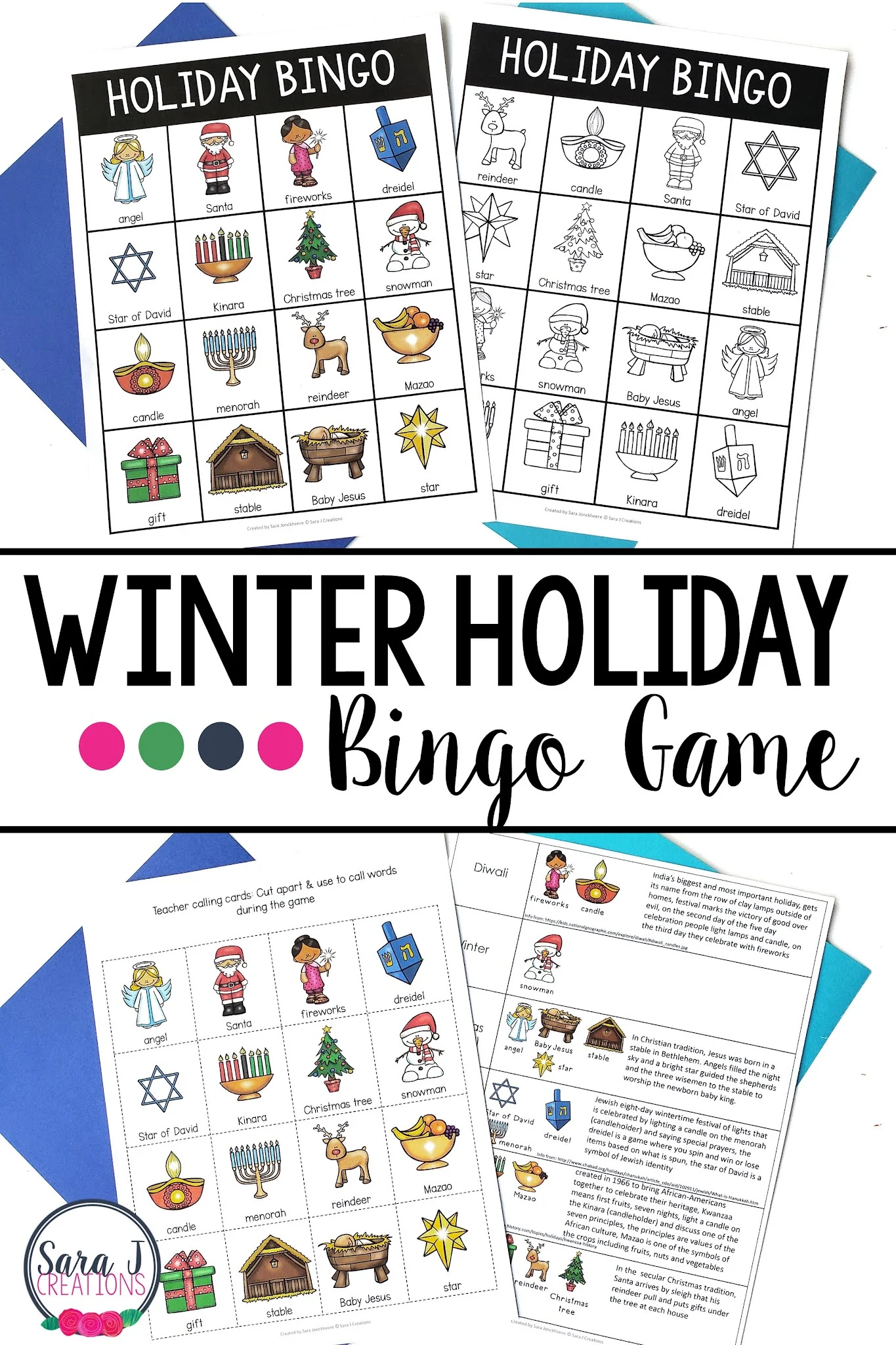 Holiday Bingo so students can learn about Christmas, Hanukkah, Kwanzaa and Diwali in a fun game. 30 different game boards plus brief explanation of the different holidays and vocabulary words.