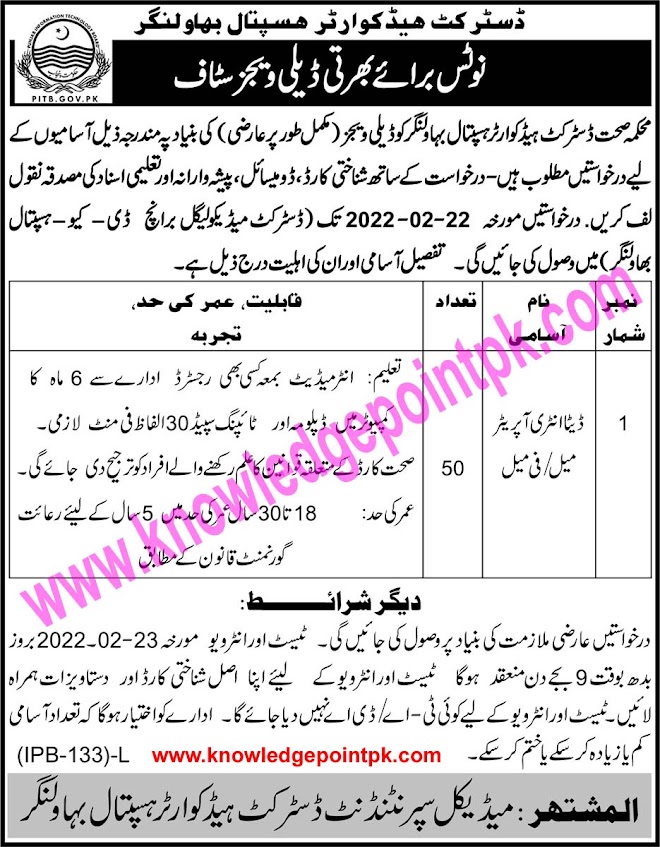 District Headquarter DHQ Hospital Bahawalnagar New Jobs 2022