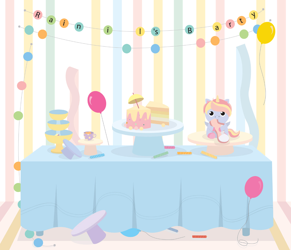 table with empty plates, a baby unicorn nipping on a shoe