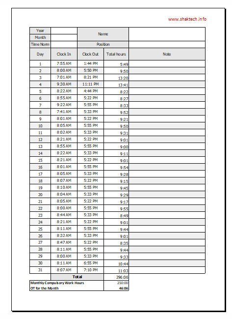 Free Download Excel Employee Time Attendance Calculator 