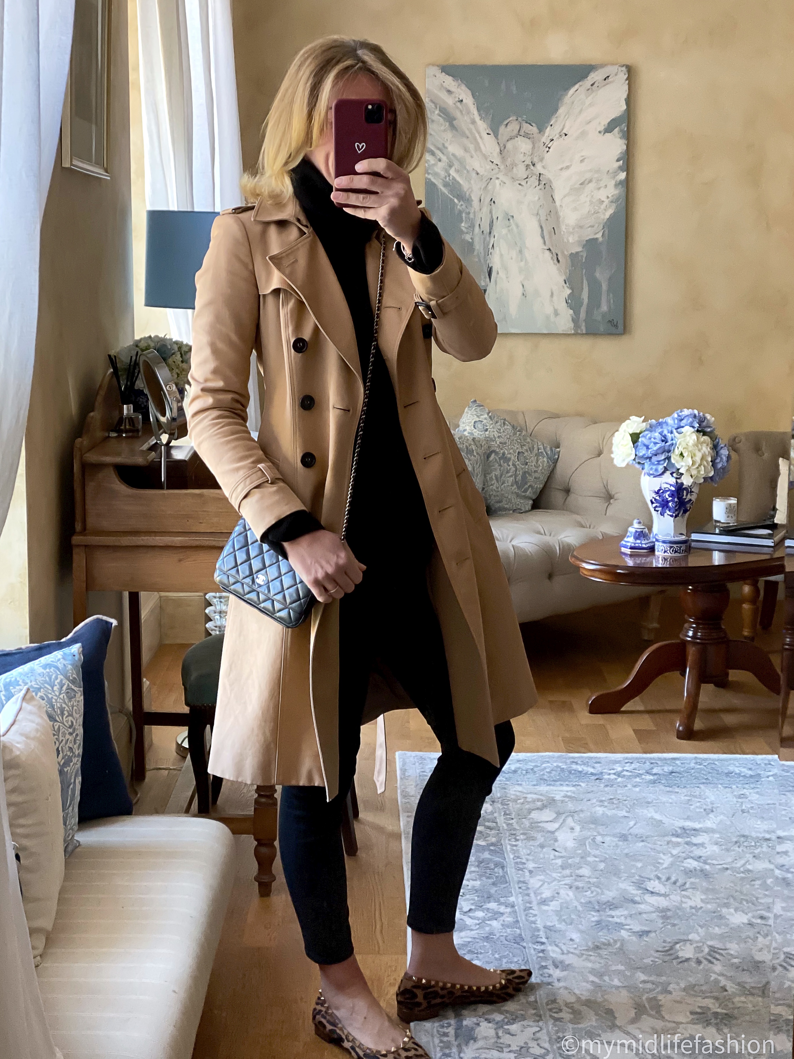 my midlife fashion, Burberry trench, Chanel wallet on chain, h and m cashmere oversized roll neck jumper, j crew 8 inch toothpick jeans, studded leopard print ballet flats
