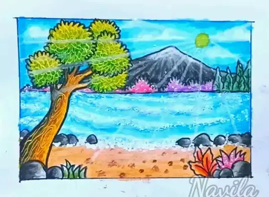 Pemandangan pantai yang tenang dengan pepohonan dan bebatuan, cocok untuk liburan santai. Ideal untuk "gambar pemandangan pantai"