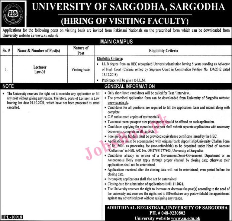 www.su.edu.pk - UOS University of Sargodha Jobs 2021 in Pakistan